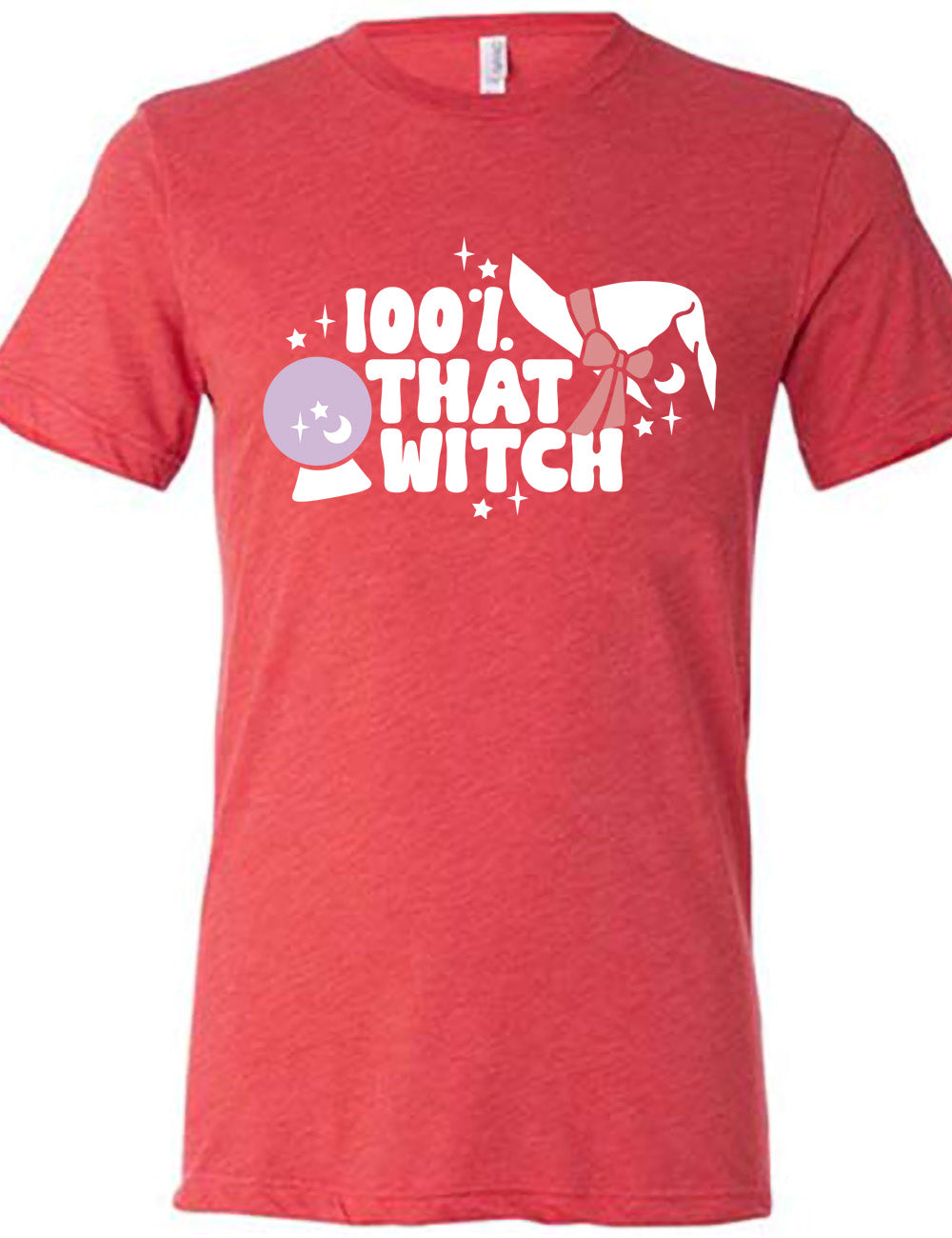 red unisex tee with the words "100% that witch" next to the graphic of a witch hat with a bow, a crystal ball, and some stars