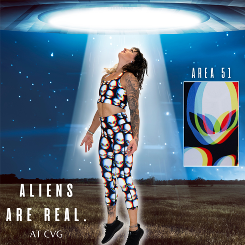 UFO illustration, with a model wearing area 51 leggings. and the text "Aliens Are Real at CVG"