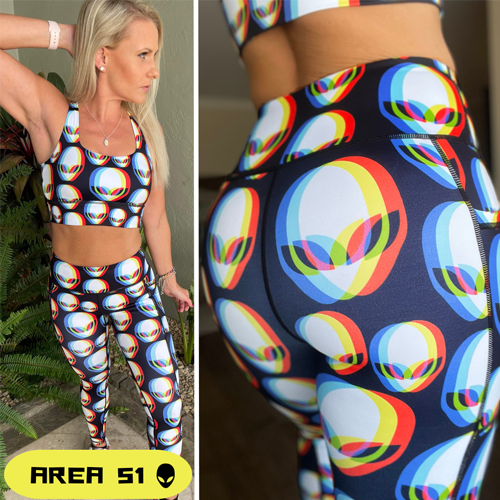 split screen of model wearing area 51 leggings, and a close up photo on the right