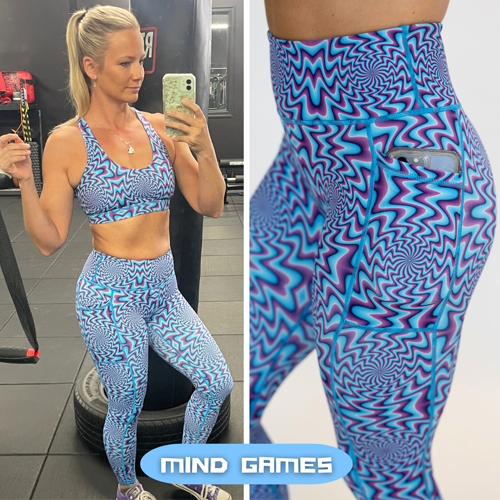 split screen: photo on the left of model wearing mind games leggings, close up of the mind game leggings on the right