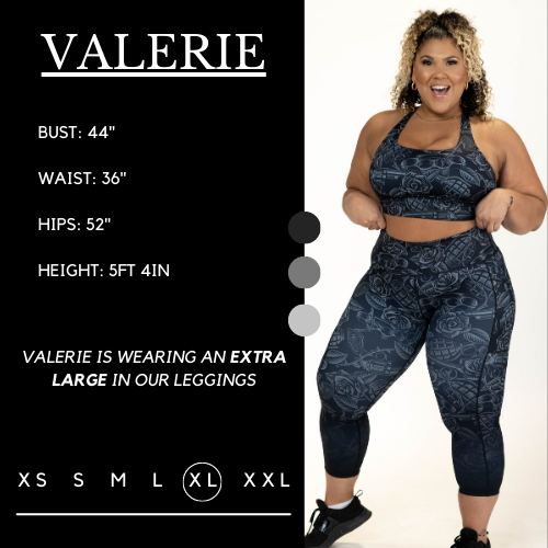 Model's measurements of 44 inch bust, 36 inch waist, 52 inch hips, and height of 5 foot 4 inches. She is wearing a size extra large in these leggings.