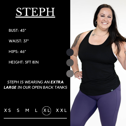 Model's measurements of 45 inch bust, 37 inch waist, 46 inch hips, and height of 5 foot 8 inches. She is wearing a size extra large in our open back tanks