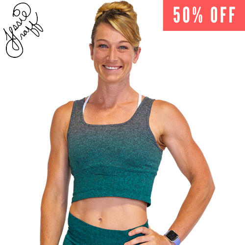 Photo of a model wearing a teal ombre crop top that's 50% off