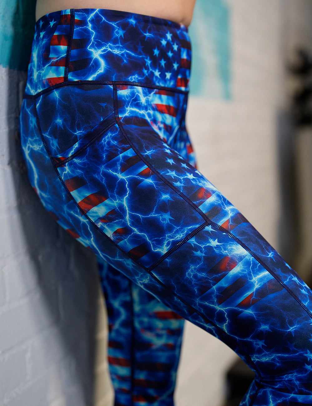 close up of the lightning American flag patterned leggings 
