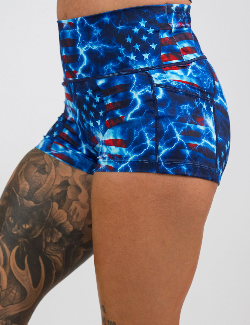 front of the 2.5 inch lightning flag shorts against a white background