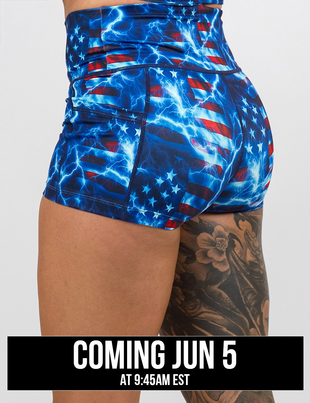 back of the lighting flag 2.5 inch shorts against a white background, coming june 5th