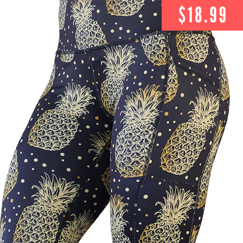 $18.99 black leggings with gold pineapple pattern