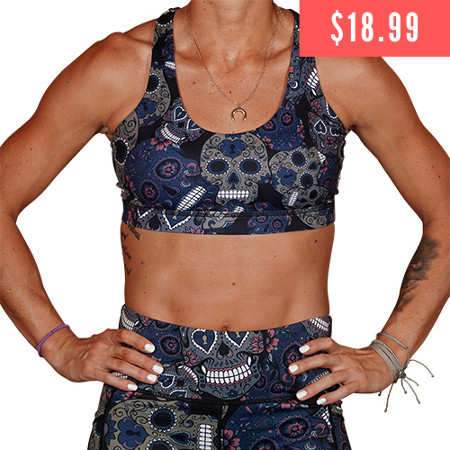 $18.99 blue, pink, grey and white sugar skull print sports bra