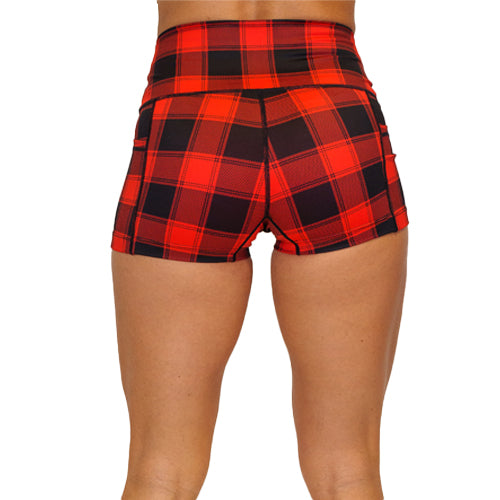 back of 2.5 inch red and black plaid shorts