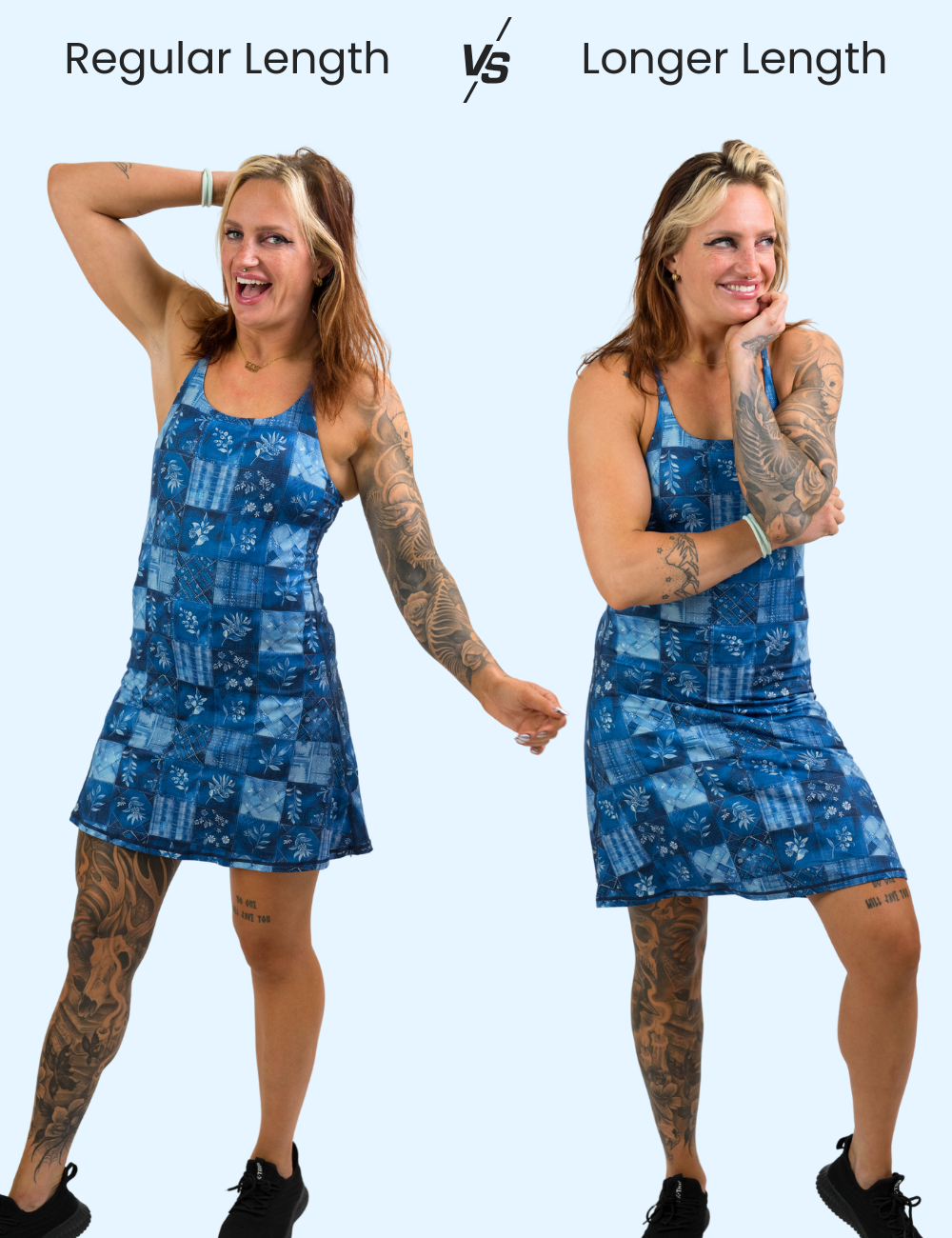 graphic for the blue patchwork dress showing the regular length vs the new longer length