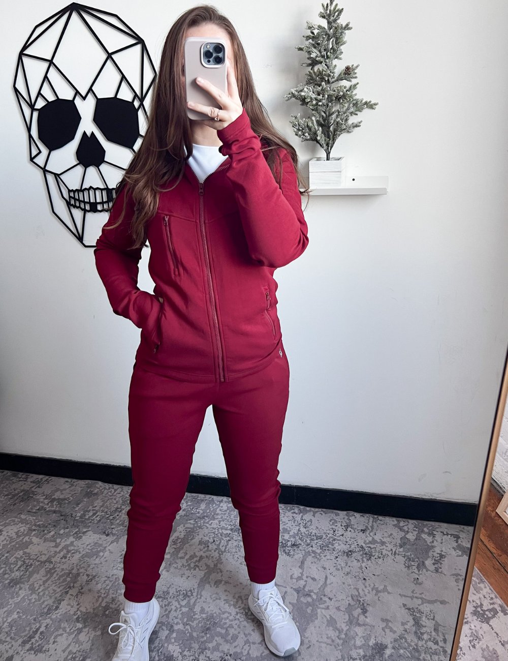 selfie of the dark red rest day zip up sweatshirt