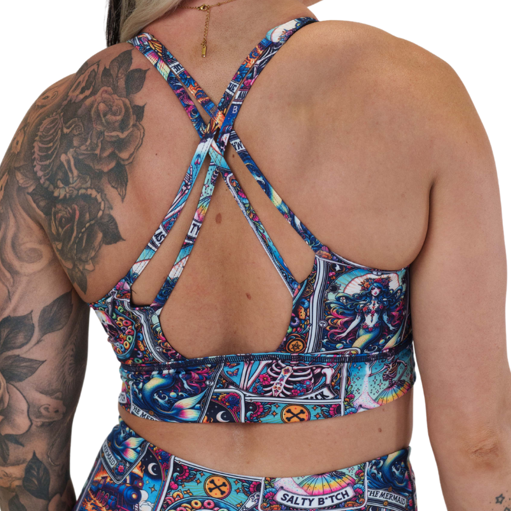 back of tarot cards print longline bra against a white background