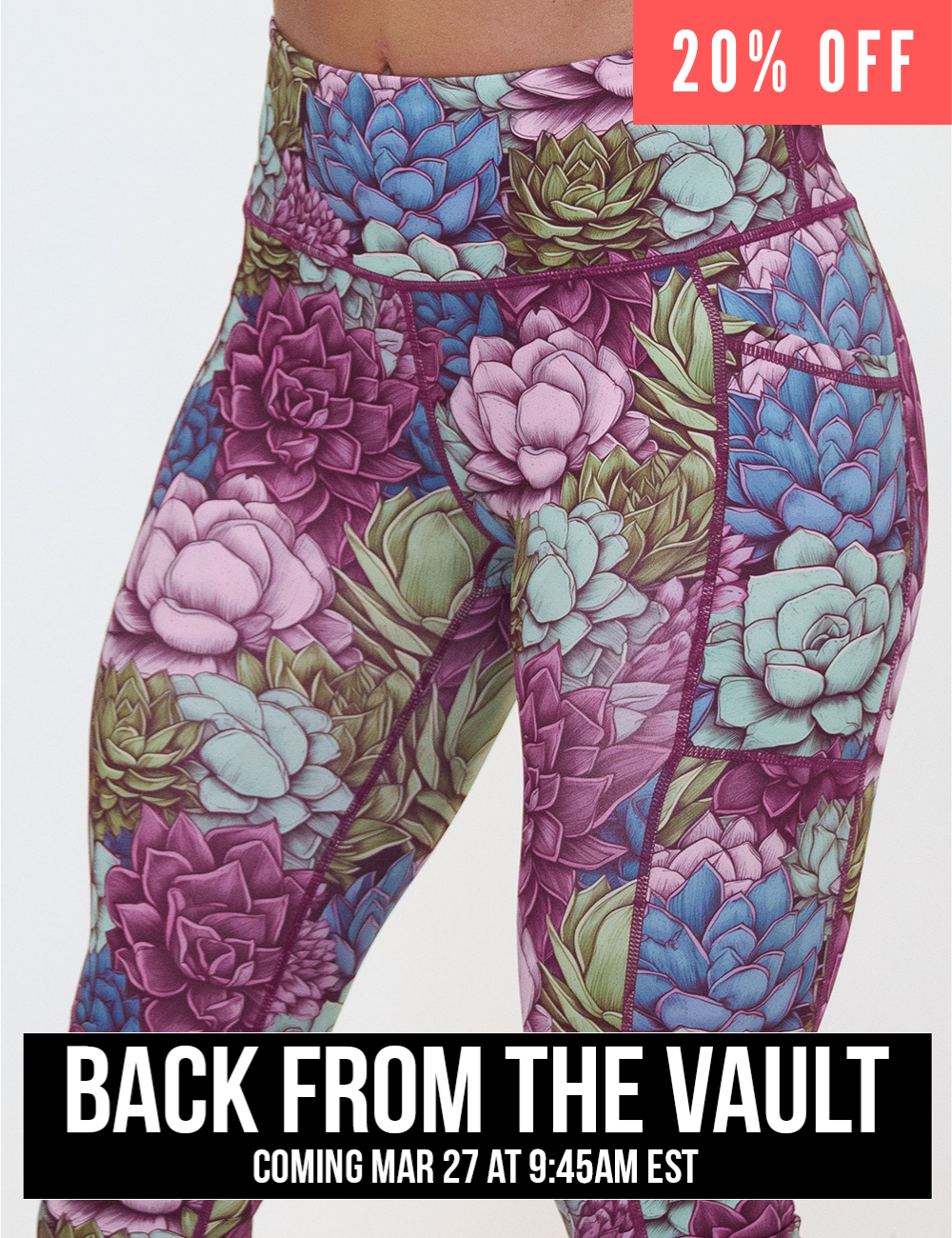 close up of the succulent flowers leggings facing the front against a white background, coming soon and 20% off