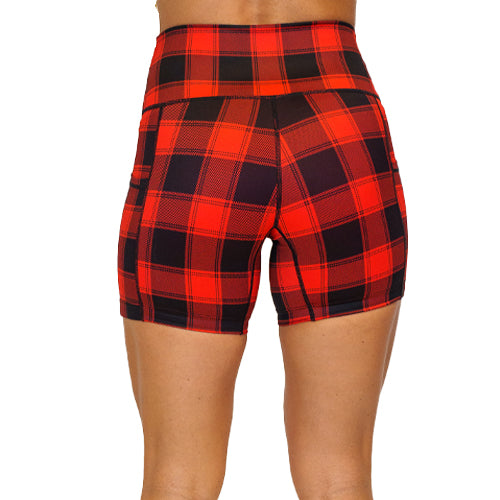 back of 5 inch red and black plaid shorts