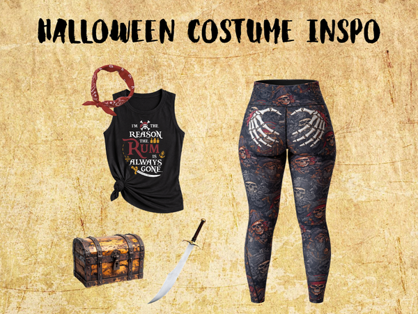 halloween costume inspo: pirates booty leggings, a pirate shirt, sword, and treasure chest and a red bandana