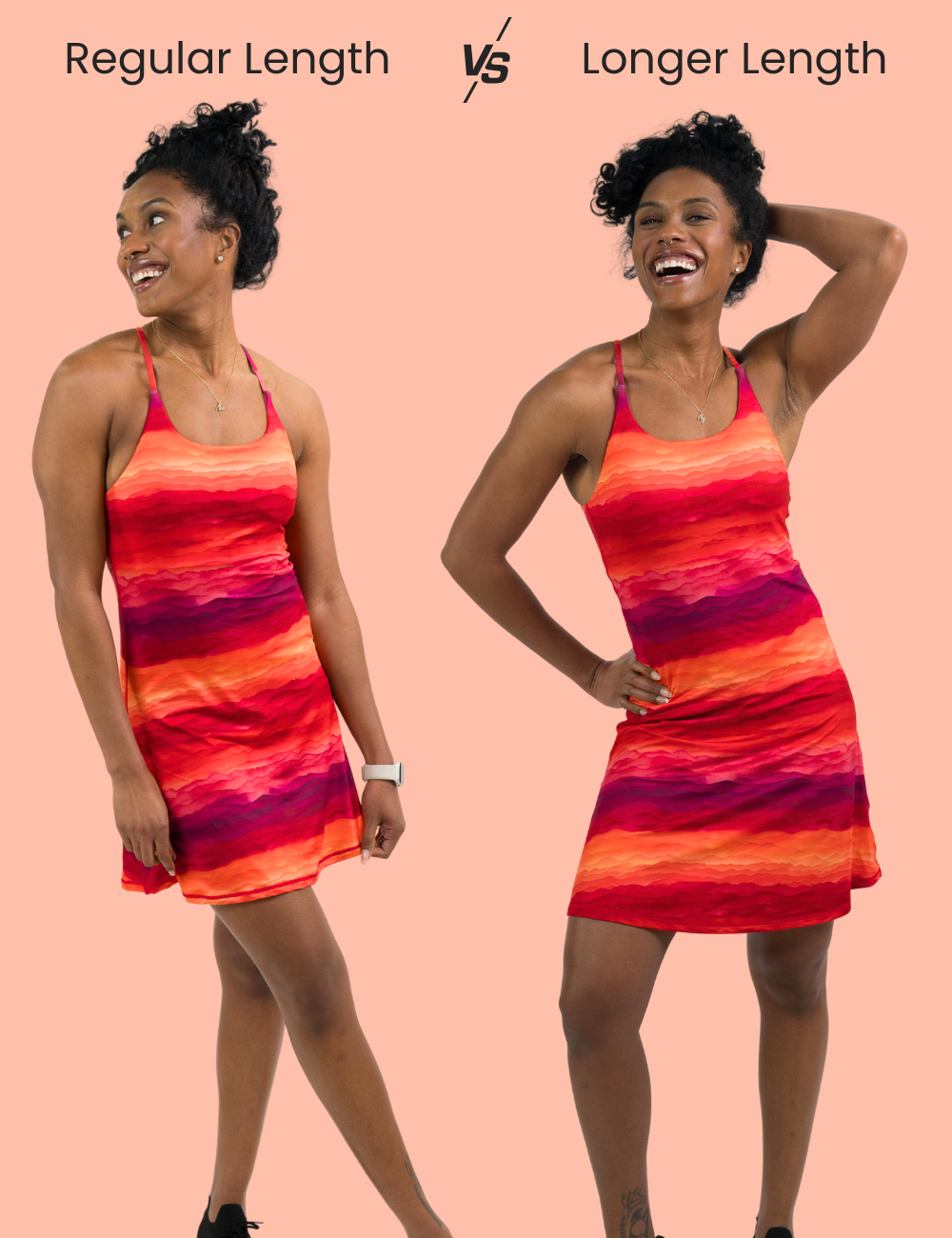 graphic showing the red and orange sunset dress regular length vs the new longer length