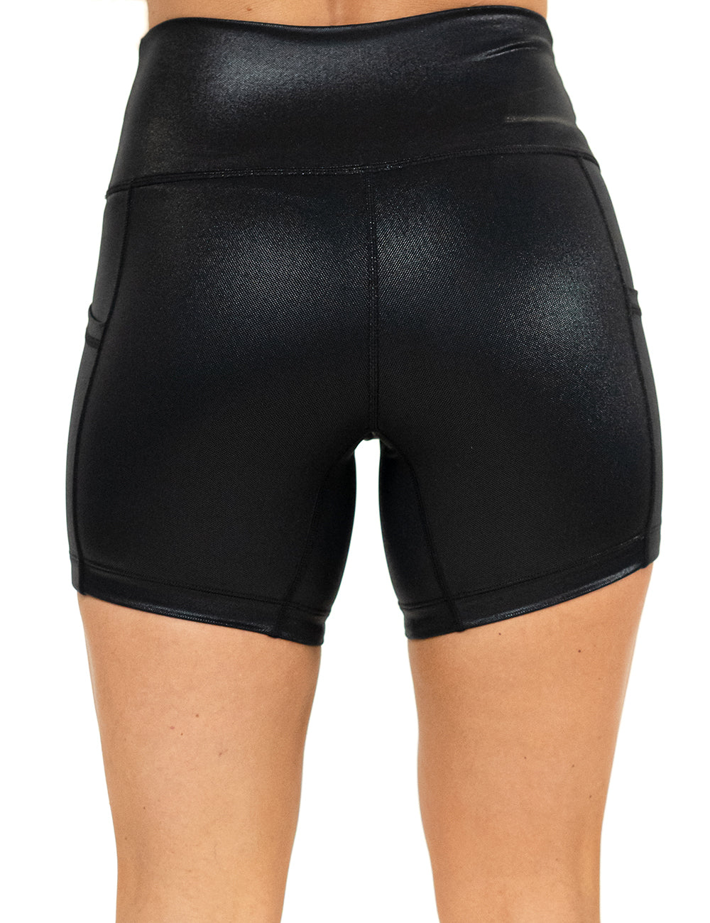 back of the 5 inch black leather shorts against a white background