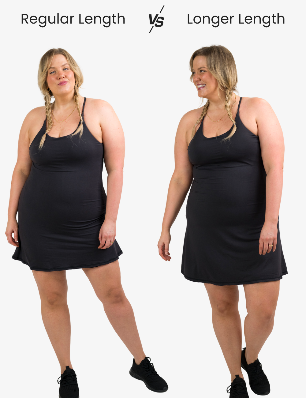 graphic for the black limitless dress showing the difference between the regular length and the new longer length