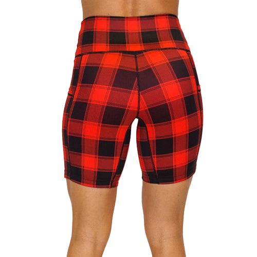 back of 7 inch red and black plaid shorts