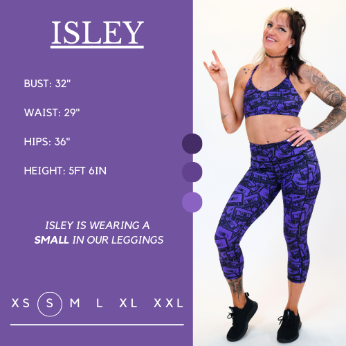 Model's measurements of 32 inch bust, 29 inch waist, 36 inch hips, and height of 5 foot 6 inches. She is wearing a size small in these leggings