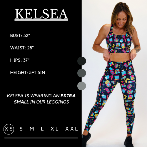 Model’s measurements of 32” bust, 28” waist, 37” hips and height of 5 ft 5 inches. She is wearing a size extra small in our leggings