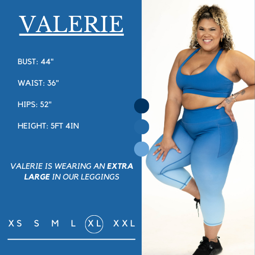 Model's measurements of 44 inch bust, 36 inch waist, 52 inch hips, and height of 5 foot 4 inches. She is wearing a size extra large in these leggings.