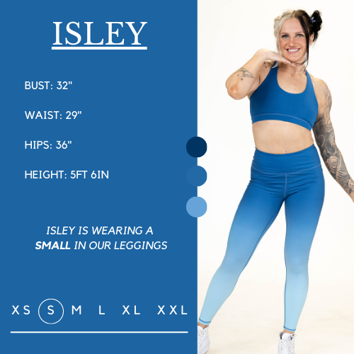 Model's measurements of 32 inch bust, 29 inch waist, 36 inch hips, and height of 5 foot 6 inches. She is wearing a size small in these leggings.
