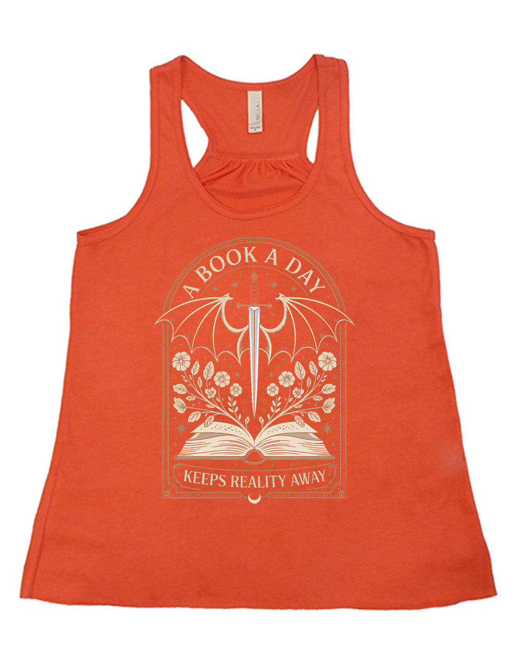 coral flowy racerback tank with the graphic of an archway, and within it, the graphic of an open book, with flowers growing out of it, the graphic of a sword poised downwards, with dragon wings, and many stars throughout, and the words saying "a book a day keeps reality away"