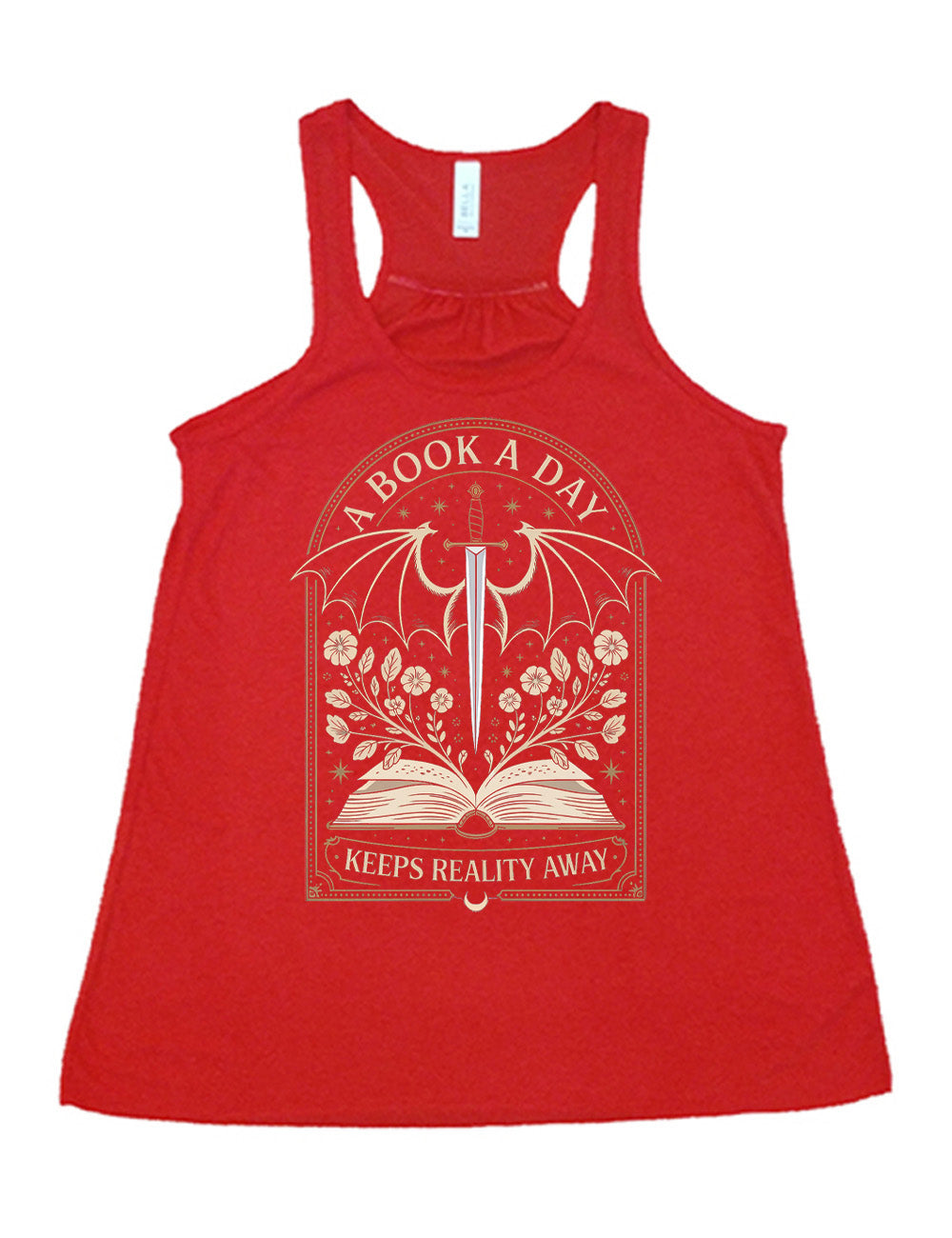 red flowy racerback tank with the graphic of an archway, and within it, the graphic of an open book, with flowers growing out of it, the graphic of a sword poised downwards, with dragon wings, and many stars throughout, and the words saying "a book a day keeps reality away"