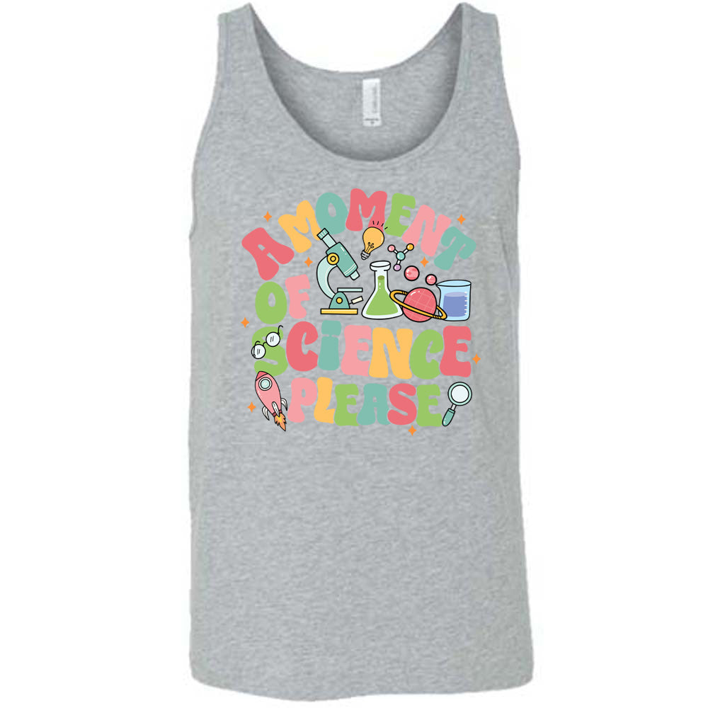 Grey colored tank with laboratory items graphic on it that says "A Moment of Science Please"