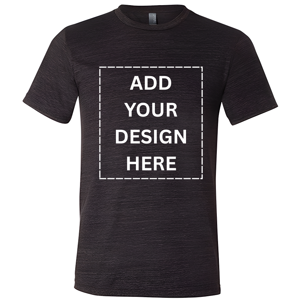 "add your design here" text over plain black unisex tee to instrucxt customers on where they can customize their shirt