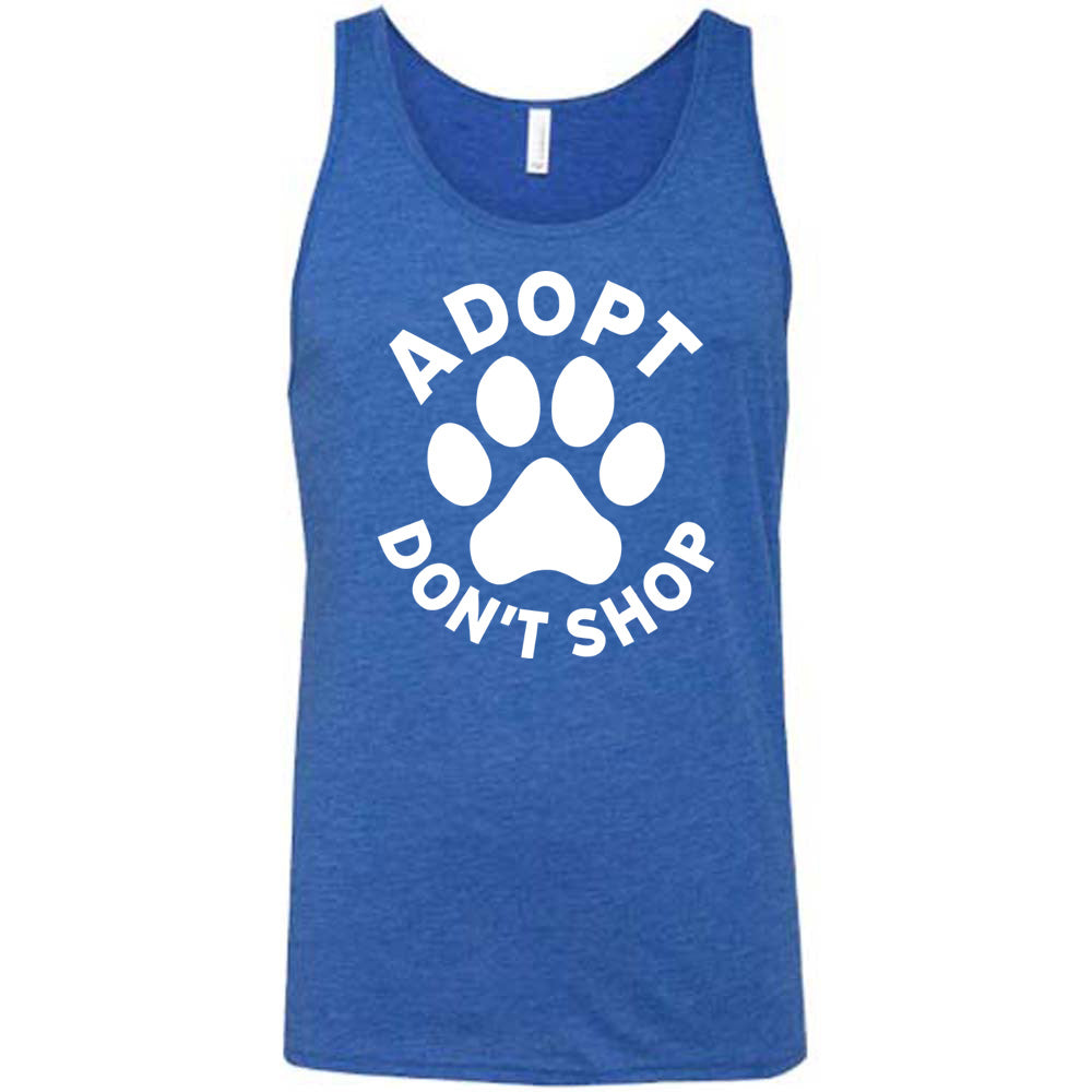 Blue colored tank with paw print graphic on it that says "Adopt Don't Shop"