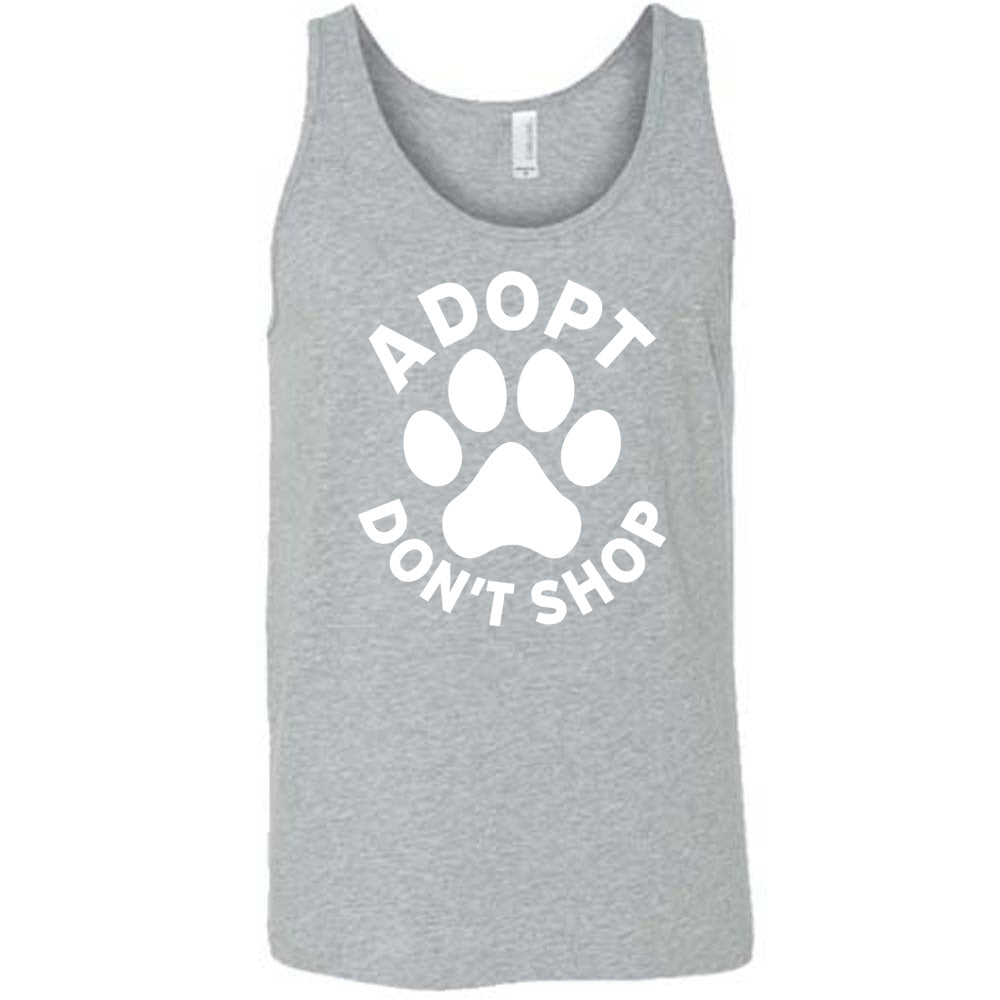 Grey colored tank with paw print graphic on it that says "Adopt Don't Shop"
