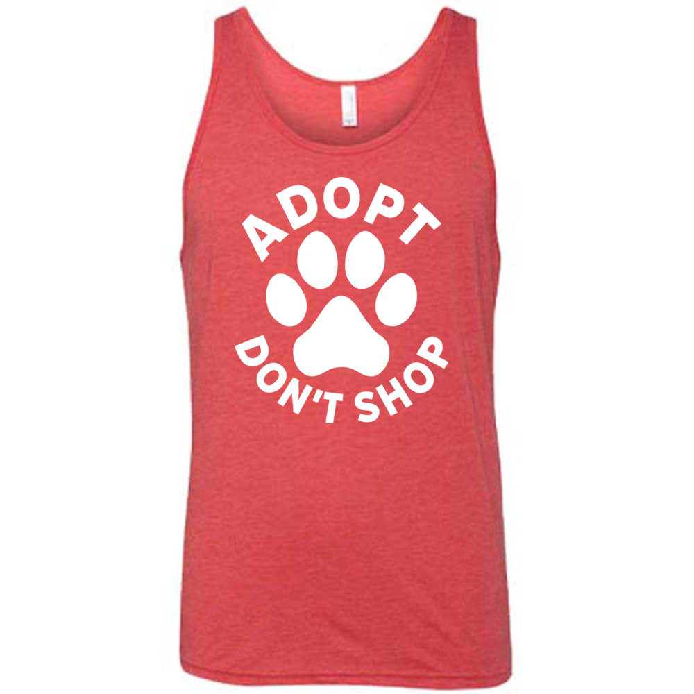 Red colored tank with paw print graphic on it that says "Adopt Don't Shop"