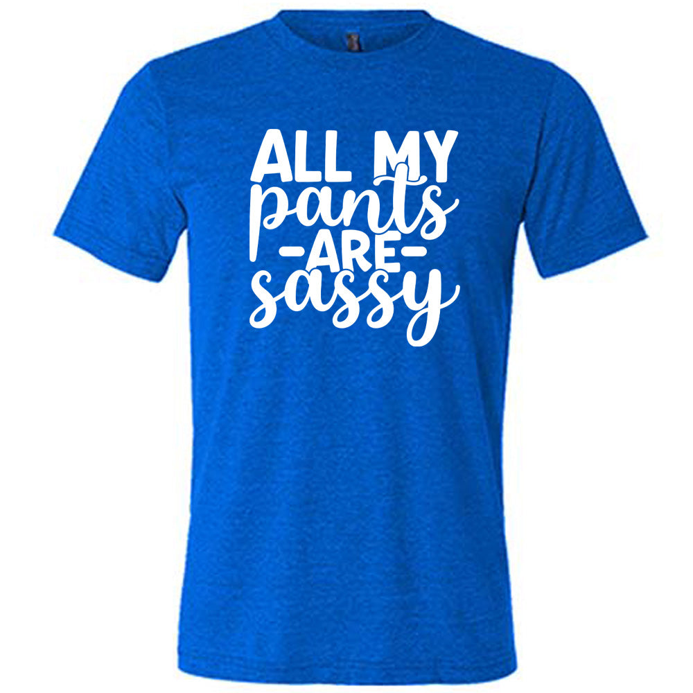 blue unisex tee with the words "all my pants are sassy" on it