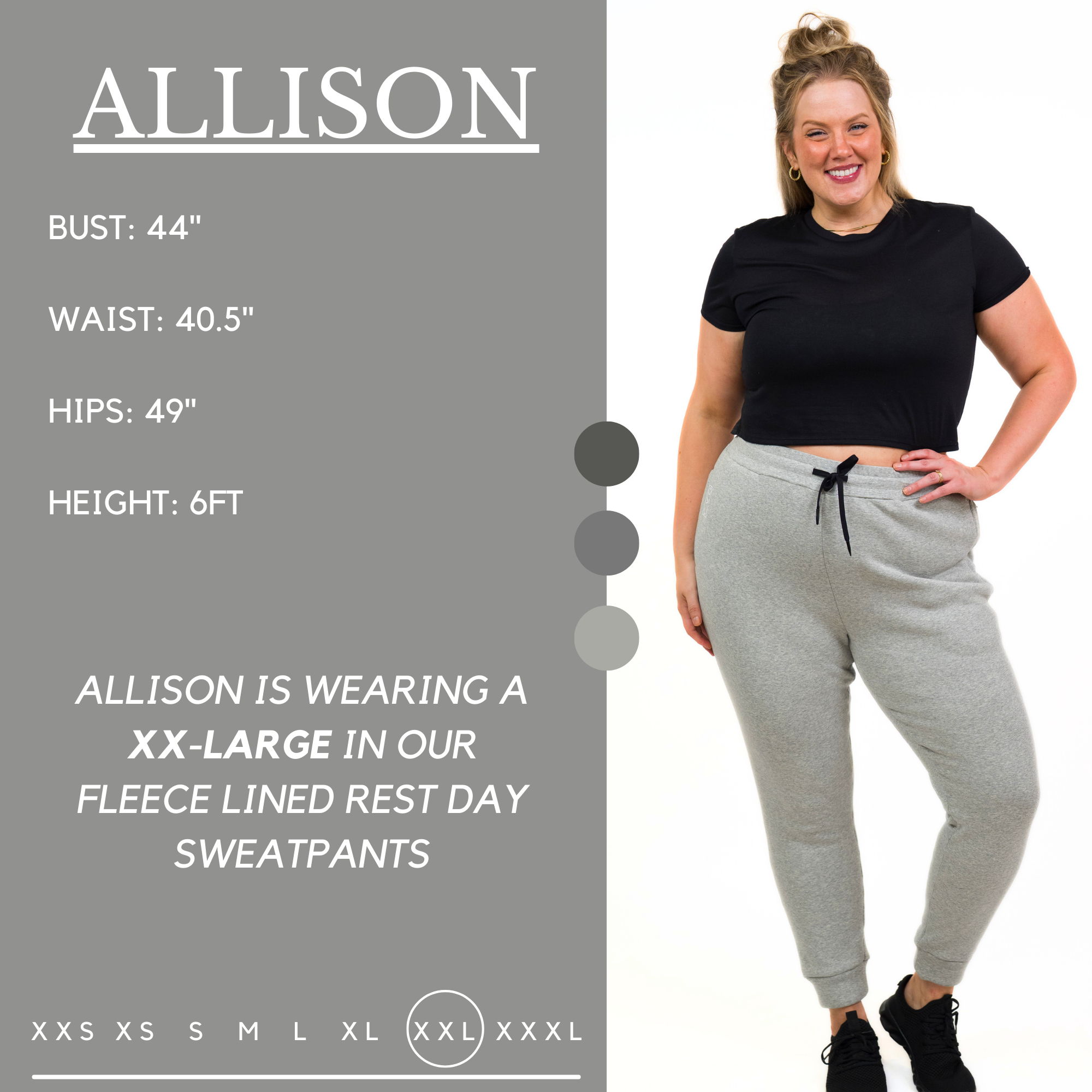 allison sizing chart for gray fleece lined rest day sweatpants