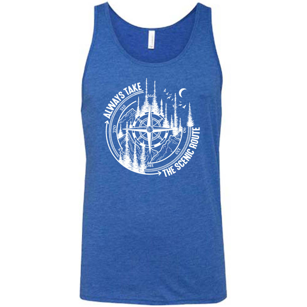 Blue colored tank with a compass and forest graphic on it that says "Always Take The Scenic Route"