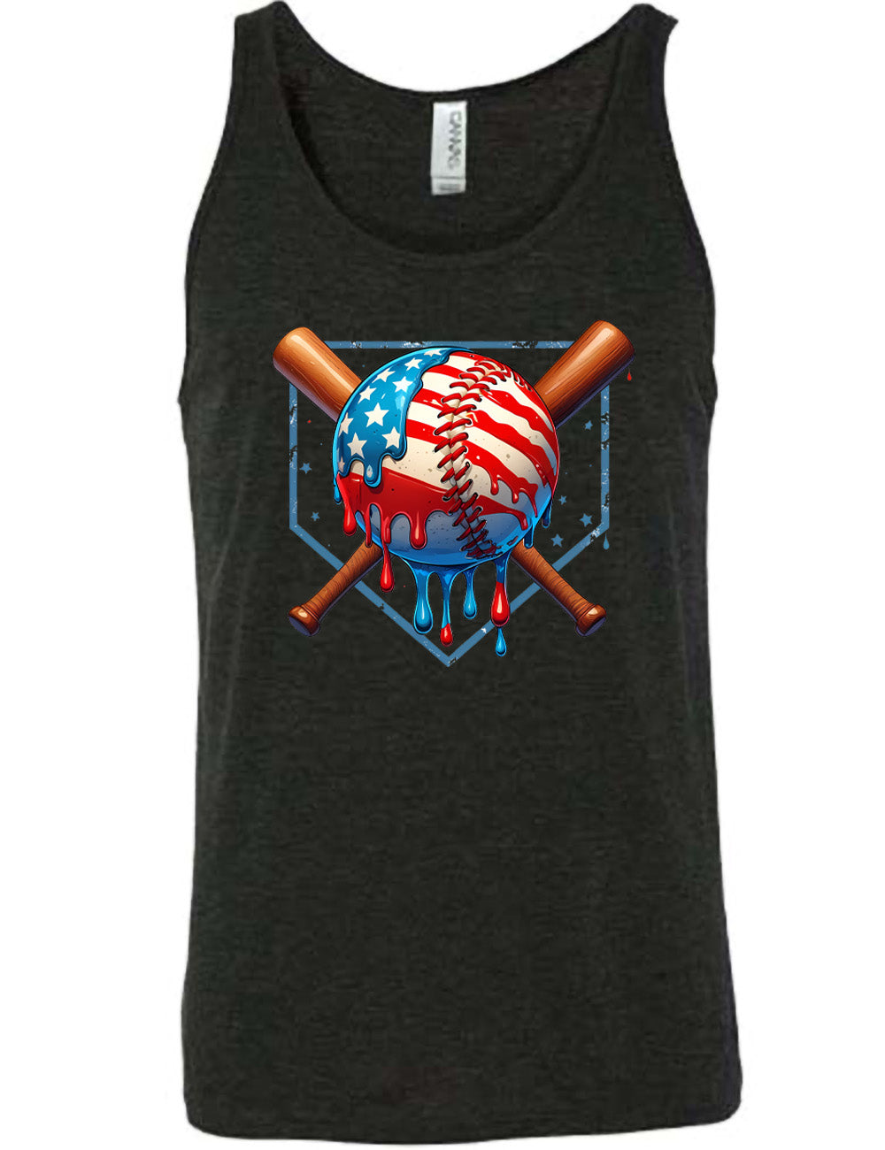 black unisex tank with the graphic of a baseball painted (and dripping) with the American flag, and two baseball bats crossed behind it, all in front of a starry baseball diamond