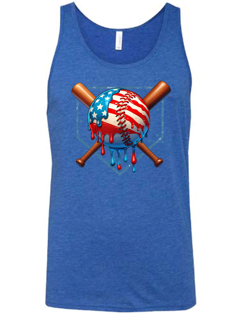 blue unisex tank with the graphic of a baseball painted (and dripping) with the American flag, and two baseball bats crossed behind it, all in front of a starry baseball diamond