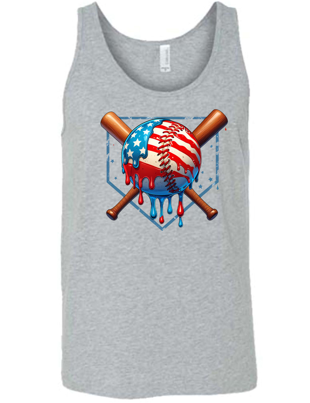 grey unisex tank with the graphic of a baseball painted (and dripping) with the American flag, and two baseball bats crossed behind it, all in front of a starry baseball diamond