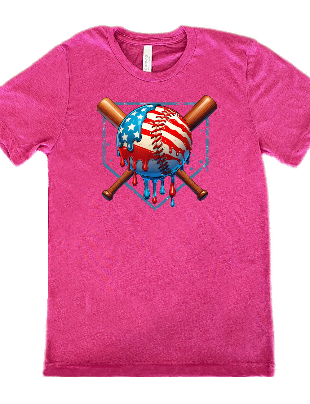 berry unisex tee with the graphic of a baseball painted (and dripping) with the American flag, and two baseball bats crossed behind it, all in front of a starry baseball diamond