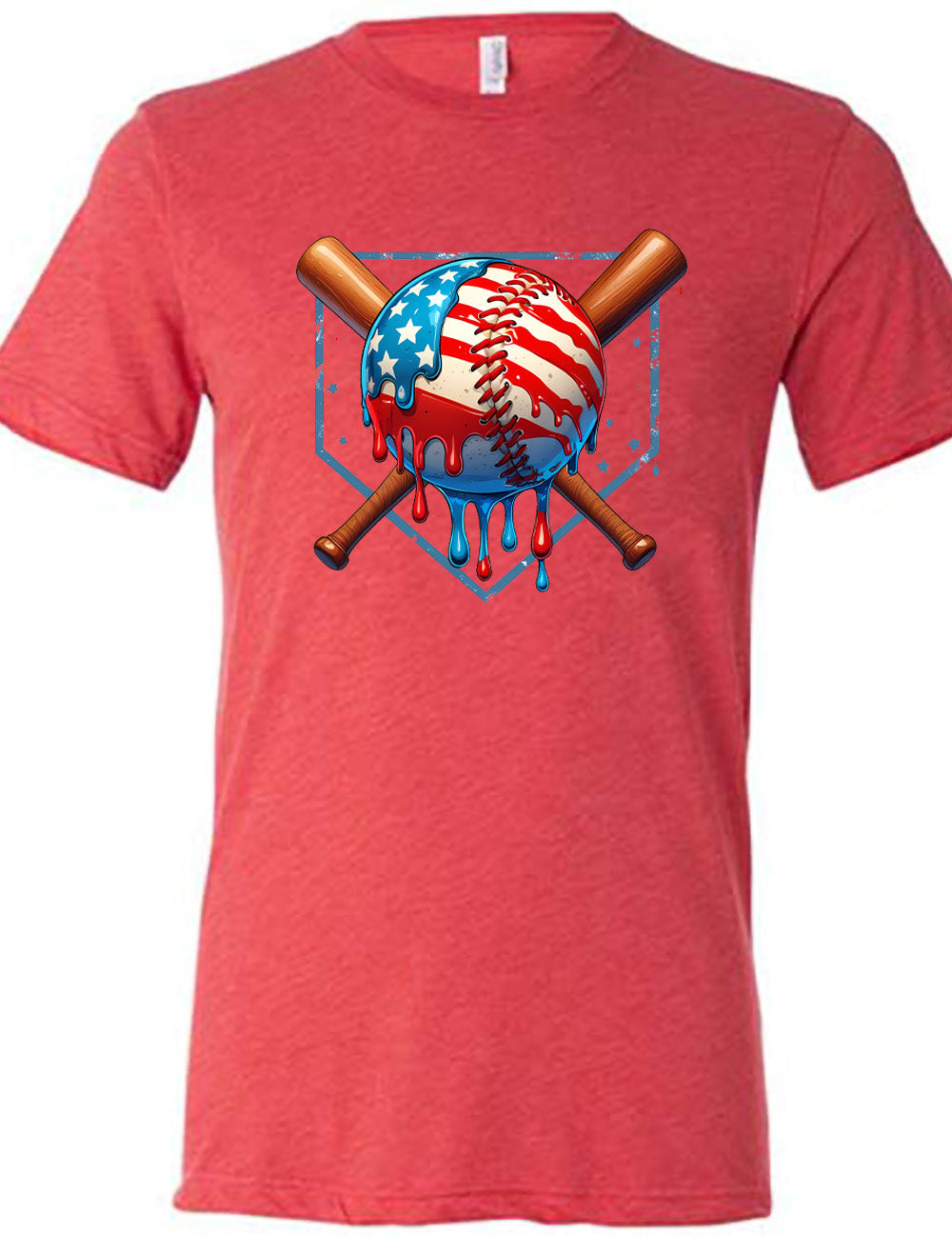 red unisex tee with the graphic of a baseball painted (and dripping) with the American flag, and two baseball bats crossed behind it, all in front of a starry baseball diamond