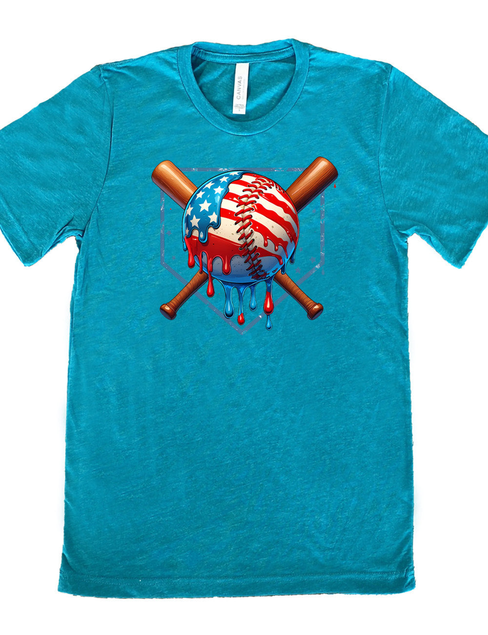 teal unisex tee with the graphic of a baseball painted (and dripping) with the American flag, and two baseball bats crossed behind it, all in front of a starry baseball diamond