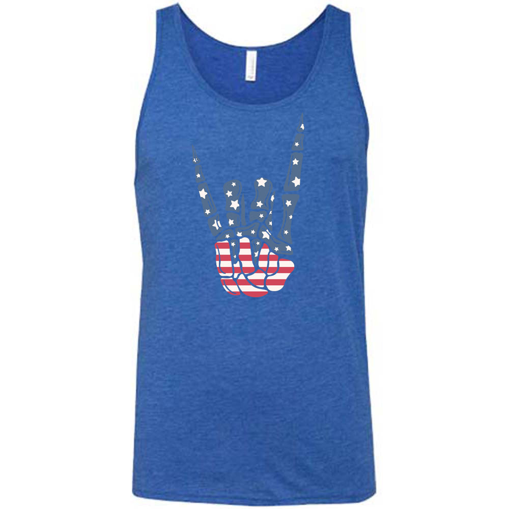 Blue colored tank with an American flag skeleton hand graphic on it