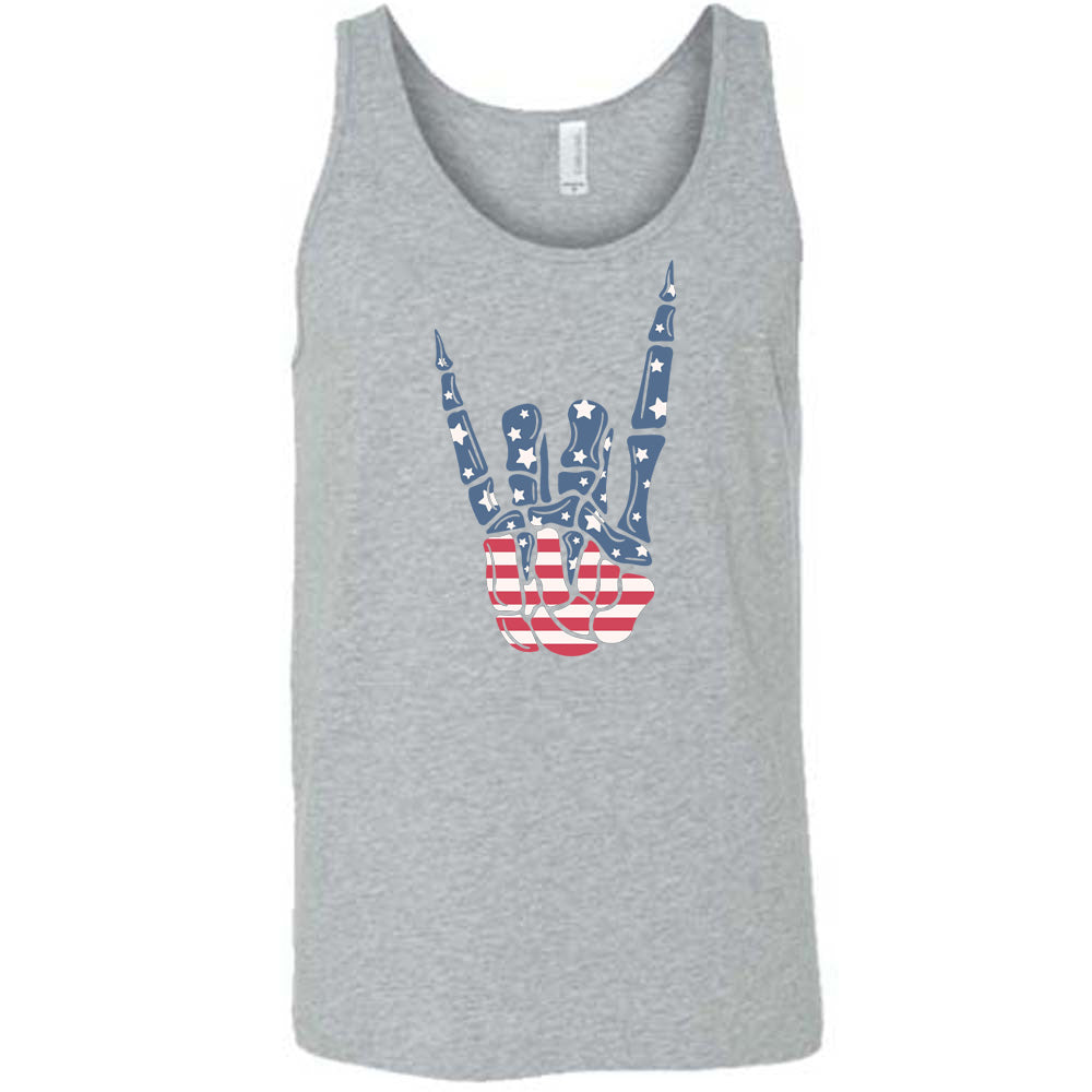 Grey colored tank with an American flag skeleton hand graphic on it