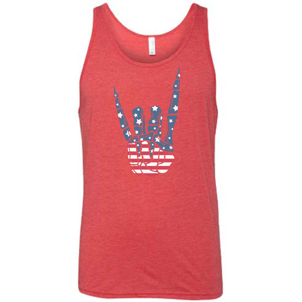 Red colored tank with an American flag skeleton hand graphic on it