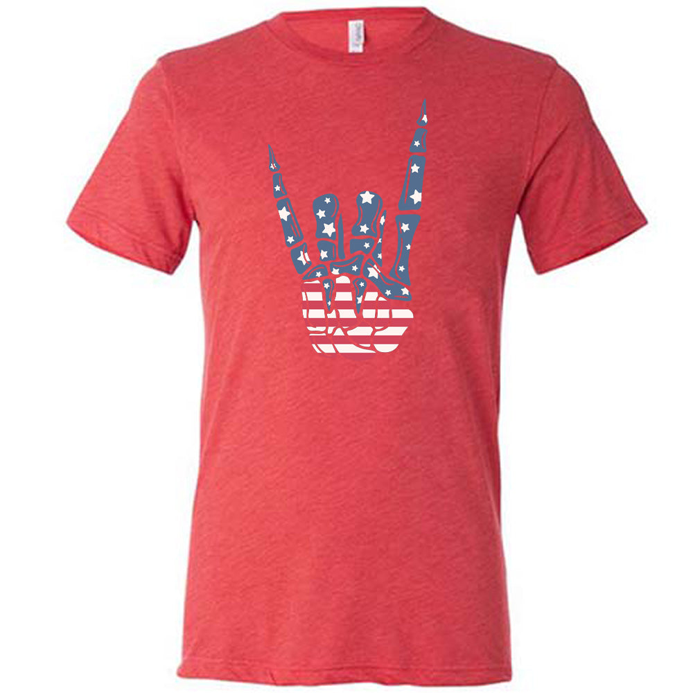 Red colored shirt with an American flag skeleton hand graphic on it