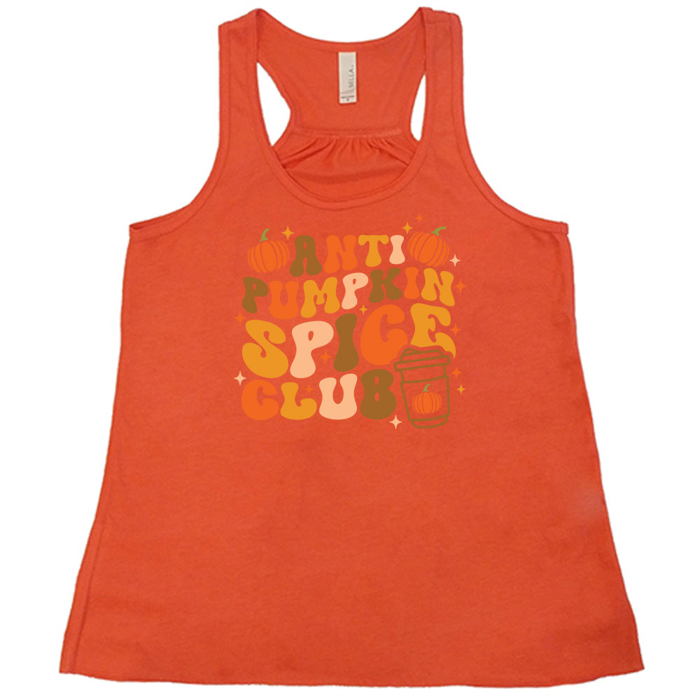 Coral colored flowy tank with pumpkin and hot drink cup graphic on it that says "Anti Pumpkin Spice Club" 