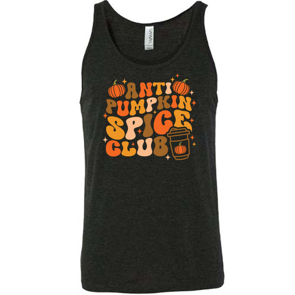 Black colored tank with pumpkin and hot drink cup graphic on it that says "Anti Pumpkin Spice Club"