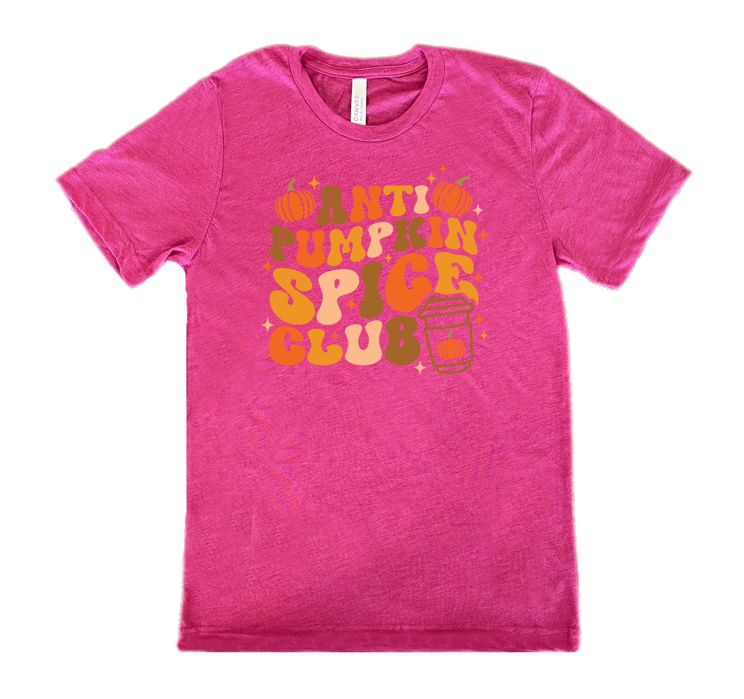 Berry colored shirt with pumpkin and hot drink cup graphic on it that says "Anti Pumpkin Spice Club" 